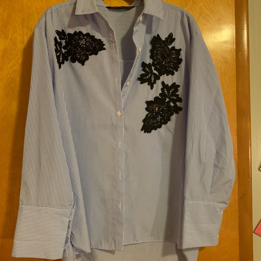 Zara Striped Blouse Black Appliqués